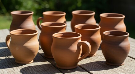 Group of handmade ceramic mugs displayed on wooden surface sunlight