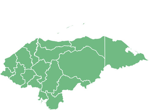 Vector map of Honduras showing all regions with clearly defined borders and country outline. Green color scheme with white contours. Perfect for educational, infographic, and professional use.
