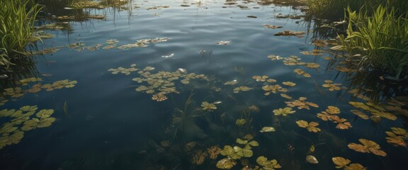 Submerged footprints outlined by vibrant aquatic plants, reflecting sunlight on the water's surface,  lush,  shape