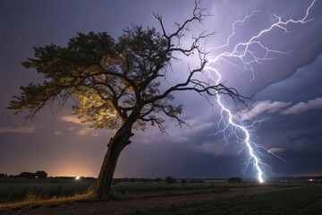 Fototapeta premium Majestic Lightning Strike Illuminates Lone Tree in Dramatic Nightscape