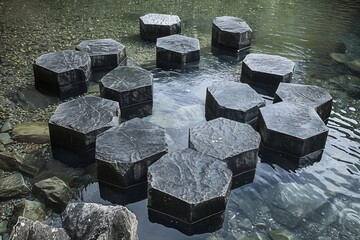 Giant's Causeway style hexagonal basalt columns emerge a mountain lake their perfect geometric shapes contrasting with wild waters