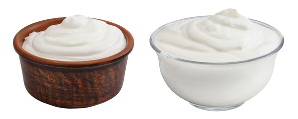 sour cream or yogurt in ceramic bowl isolated on white background with full depth of field