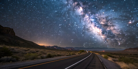 Naklejka premium Starlit road journey desert highway night sky photography cosmic landscape wide angle serenity of nature