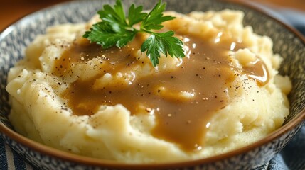 Creamy mashed potatoes topped with savory gravy and parsley garnish