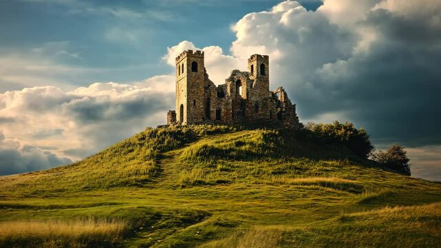 Dramatic clouds rolling over ancient castle ruins on grassy hill at sunset
