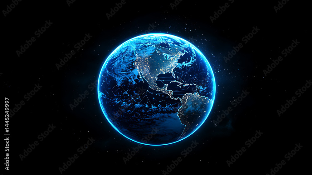 Poster planet earth in space , binary code technology , glowing sphere on black background