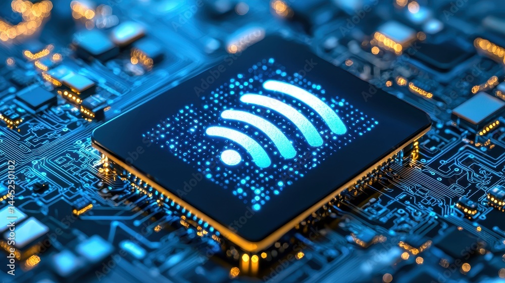 Poster close-up of a microchip with wireless signal icon, emphasizing technology and connectivity.