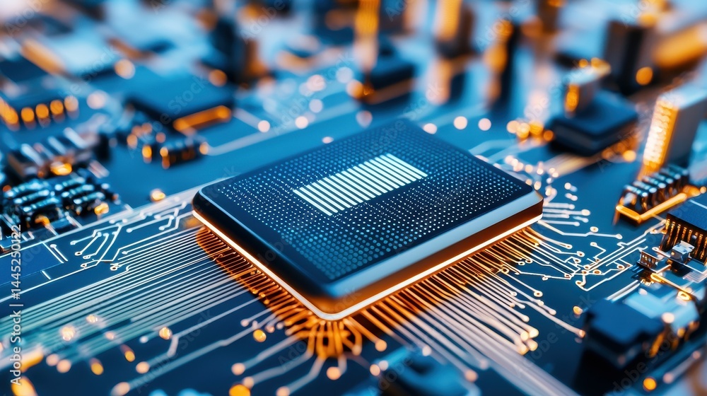 Poster close-up of a computer microprocessor on a circuit board with glowing connections.