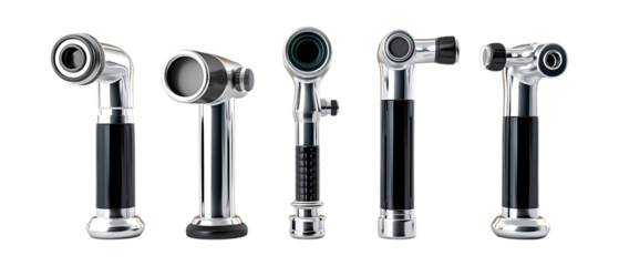 Pack of Otoscopes in Five Different Poses Against Transparent Background for Medical Branding, Healthcare Promotion, or Diagnostic Equipment Design Projects