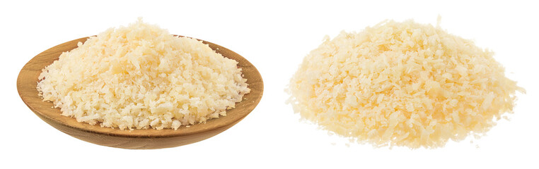 grated parmesan cheese in wooden bowl isolated on white background