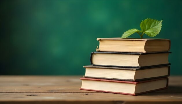 selective focus of stack with books on wooden table and green background - Powered by Adobe