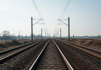 Fototapeta premium View of railway track infrastructure extending into the distance, a symbol of travel and adventure. Transportation background showing modern railroad lines.