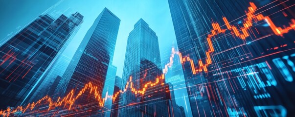 Abstract city skyline overlayed with financial data.