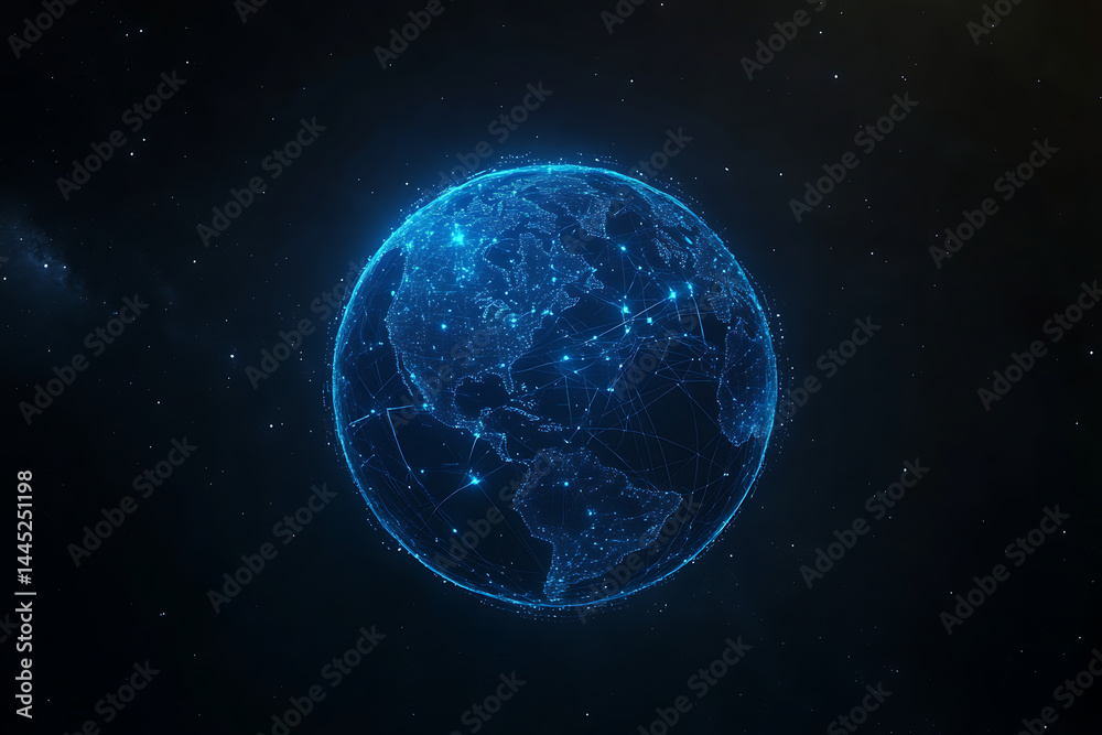 Sticker planet earth in space , binary code technology , glowing sphere on black background