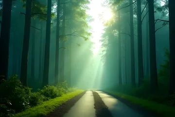 Poster Tranquil road through enchanted forest serene environment nature photography peaceful viewpoint