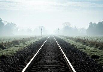 Fototapeta premium View down a railway track disappearing into misty fog near fields and trees on a cold morning for concepts of travel, adventure and lonely rural transport.