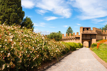 View of the castle in the historic town of Gradara in Italy. Tourist destination in Italy.