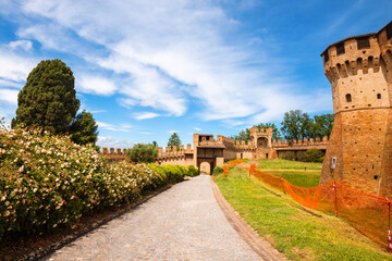 View of the castle in the historic town of Gradara in Italy. Tourist destination in Italy.