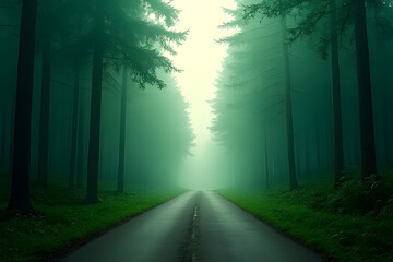 Fototapeta premium Mysterious road through foggy forest enchanting landscape nature scene serene environment inviting viewpoint