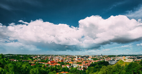 Sunset Sunrise Cityscape Of Vilnius, Lithuania In Summer. Beautiful Panoramic View Of Old Town In Evening