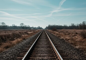 Obraz premium Empty railway track converging on the horizon under a pale blue sky with contrails, symbolizing lonely journey and travel adventure inspiration