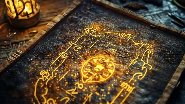 Mysterious glowing map with ancient symbols and lantern in rustic setting