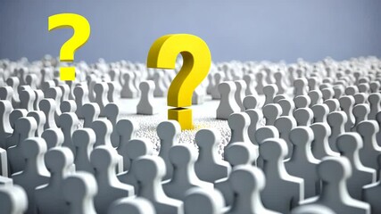 Large yellow question mark centered among many white abstract human figures on soft blue background, symbolizing individuality or inquiry