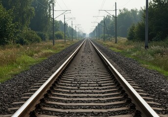 Obraz premium Empty railroad track stretching into the distance surrounded by trees and tall grass, concept of long journey adventure travel and forward movement.
