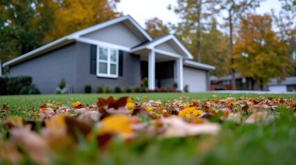 Autumn leaves cover the lawn in front of a home