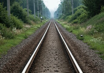 Fototapeta premium Empty railway track stretching into the distance surrounded by green trees a concept of travel journey adventure and railroad transport infrastructure