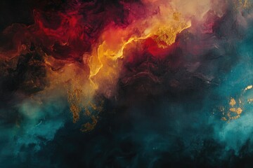 Fototapeta premium Abstract art painting with swirling red, gold, and teal colors creating a cosmic or nebula effect.