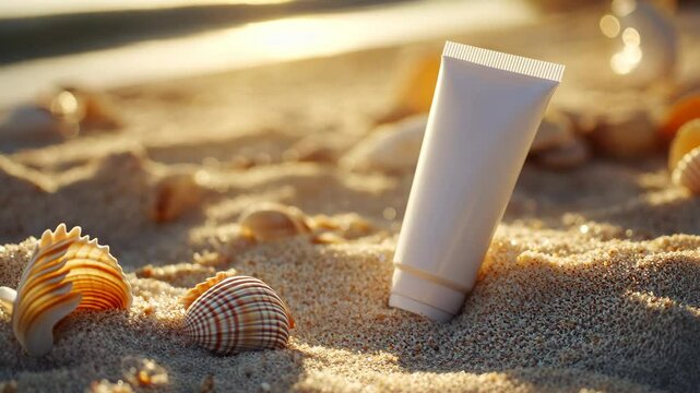 Sunscreen tube on sandy beach at sunset with sea shells and waves in the background