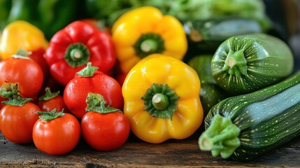 Fresh colorful vegetables including bell peppers and zucchini on wood