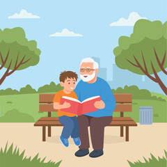 Grandfather and Boy Reading a Book in a park. Grandfather's day, grandparent, childhood concept.Vector Illustration