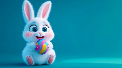 Cute easter bunny holding colorful egg sitting on blue background

