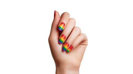 Colorful rainbow flag nails showcased by a hand against a plain background during a celebration of pride and inclusivity