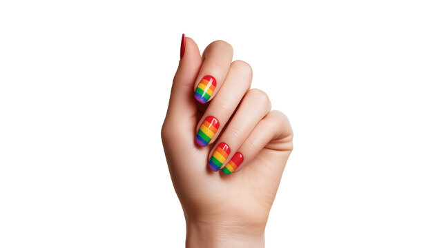 Colorful rainbow flag nails showcased by a hand against a plain background during a celebration of pride and inclusivity