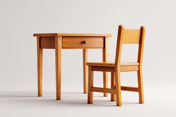 3D render school desk chair isolated white background simple clean educational furniture concept minimalist back to school supplies academic study scene design, 3D, Copy Space, Isolated..