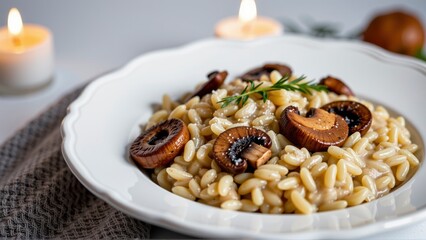 Creamy Mushroom Risotto with Fresh Herbs and Candlelit Ambiance