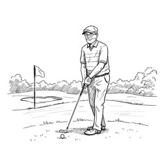 Naklejka premium Elderly man preparing to hit golf ball near green