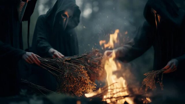 Three hooded figures in a dark forest tend a bonfire, adding bundles of dried plant material to the flames. Dark, moody lighting enhances the mysterious atmosphere.