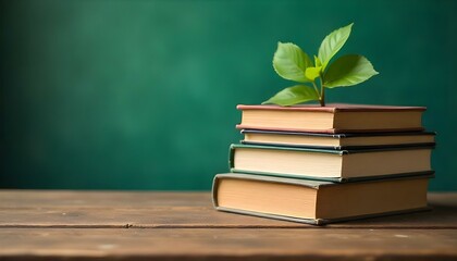 selective focus of stack with books on wooden table and green background
