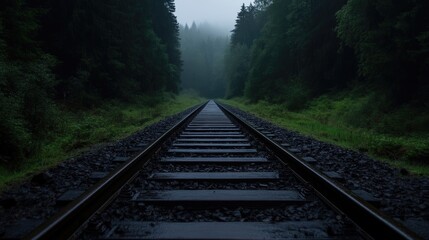 Fototapeta premium Railroad tracks through a misty forest