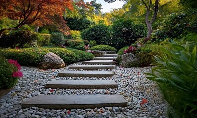 Stone Steps Garden Path with Vibrant Pink Flowers and Lush Greenery In Daylight - Powered by Adobe