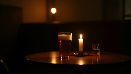 Candlelit Beer Evening: Sophisticated Pub Ambiance with Reflective Glassware and Deep Shadows - Perfect for Intimate Moments