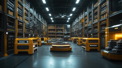 An automated warehouse featuring robotic carts and drones managing inventory, showcasing a high-tech, futuristic, and seamless operation environment.