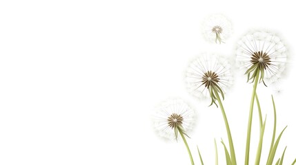 Dandelion seed heads floating against white background
