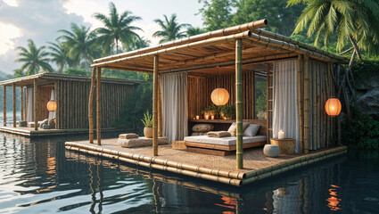 Tranquil floating bamboo villa retreat over calm water in a tropical paradise