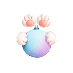 Soft pastel Christmas ball gently hugged by fluffy animal paws, tender emotional watercolor festive illustration isolated on clean white background, Watercolor Illustration..