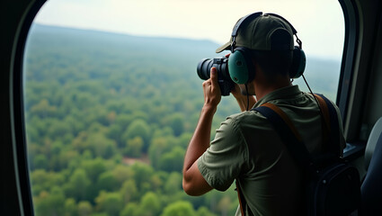 Obraz premium Conservationist Captures Deforestation Impact: Aerial Photography of Rainforest Canopy Loss from Helicopter Surveying Illegal Logging Areas - Photo Stock Concept with Left Space